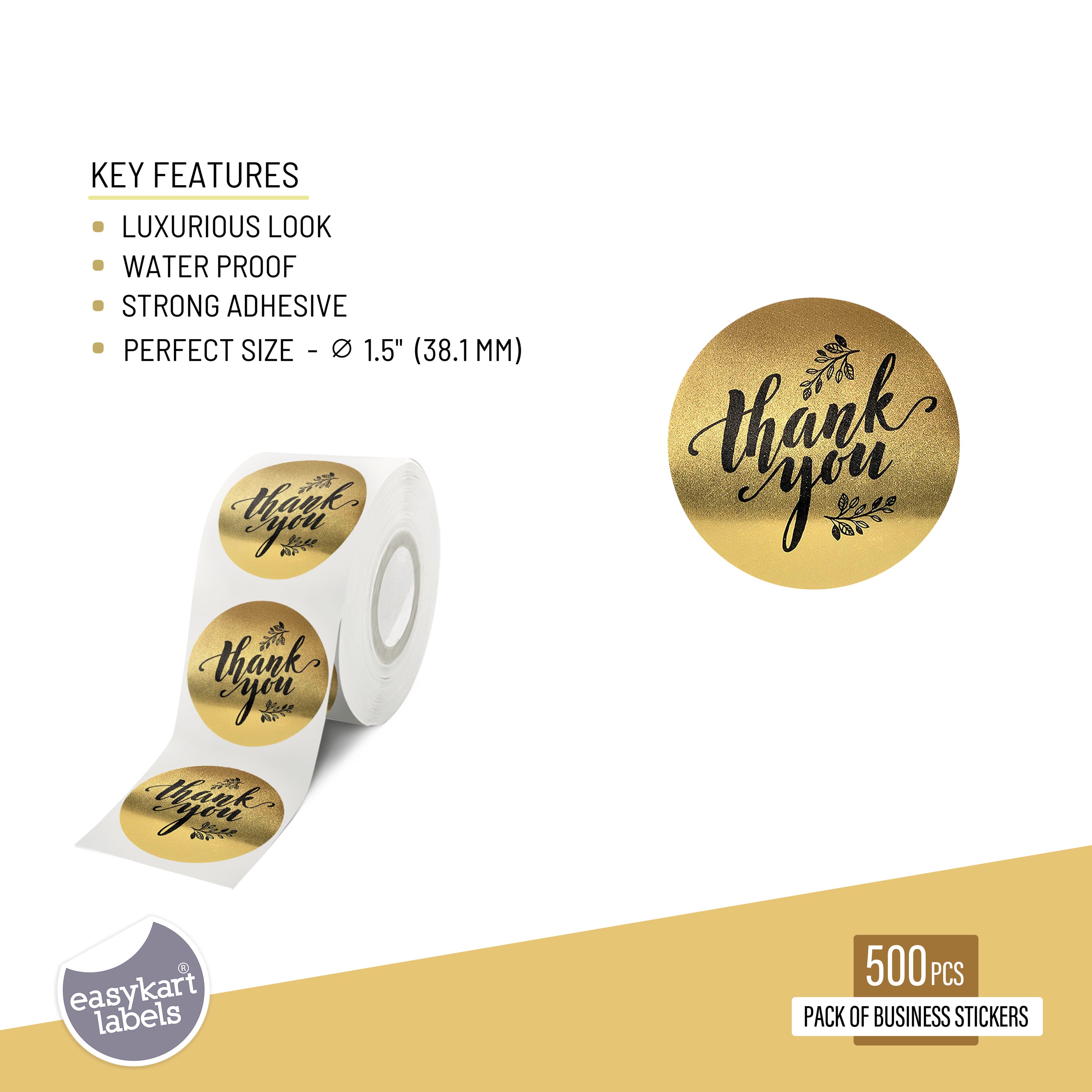 Gold Foil Thank You Stickers ,500 pcs in roll , 1.5